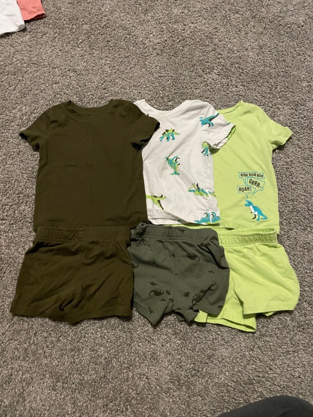 3-Pack Dino T-shirt & Shorts Sets - Olive, White & lime